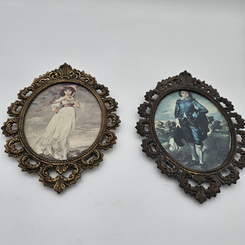 Blue Boy & Pinkie Prints in Brass Oval Frames, Made in Italy